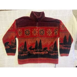 Mazmania Fleece Jacket Mens L Red Black Moose Tree Snowflake Full Zip USA